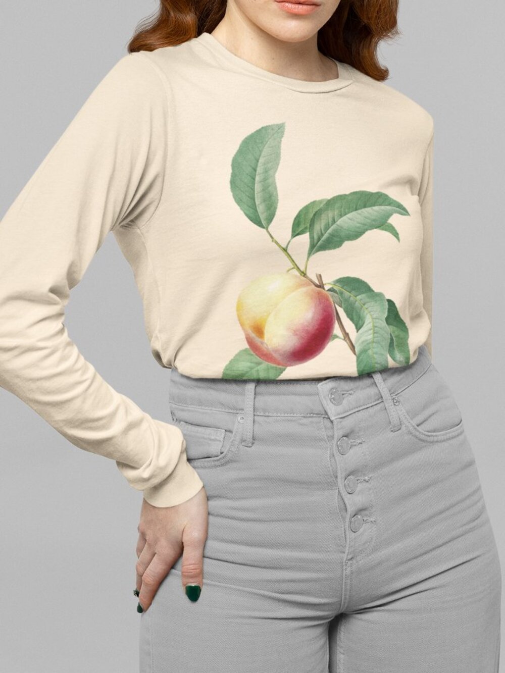 Peach Vintage Botanical Print Long Sleeve Graphic Tee T-shirt S-XXL